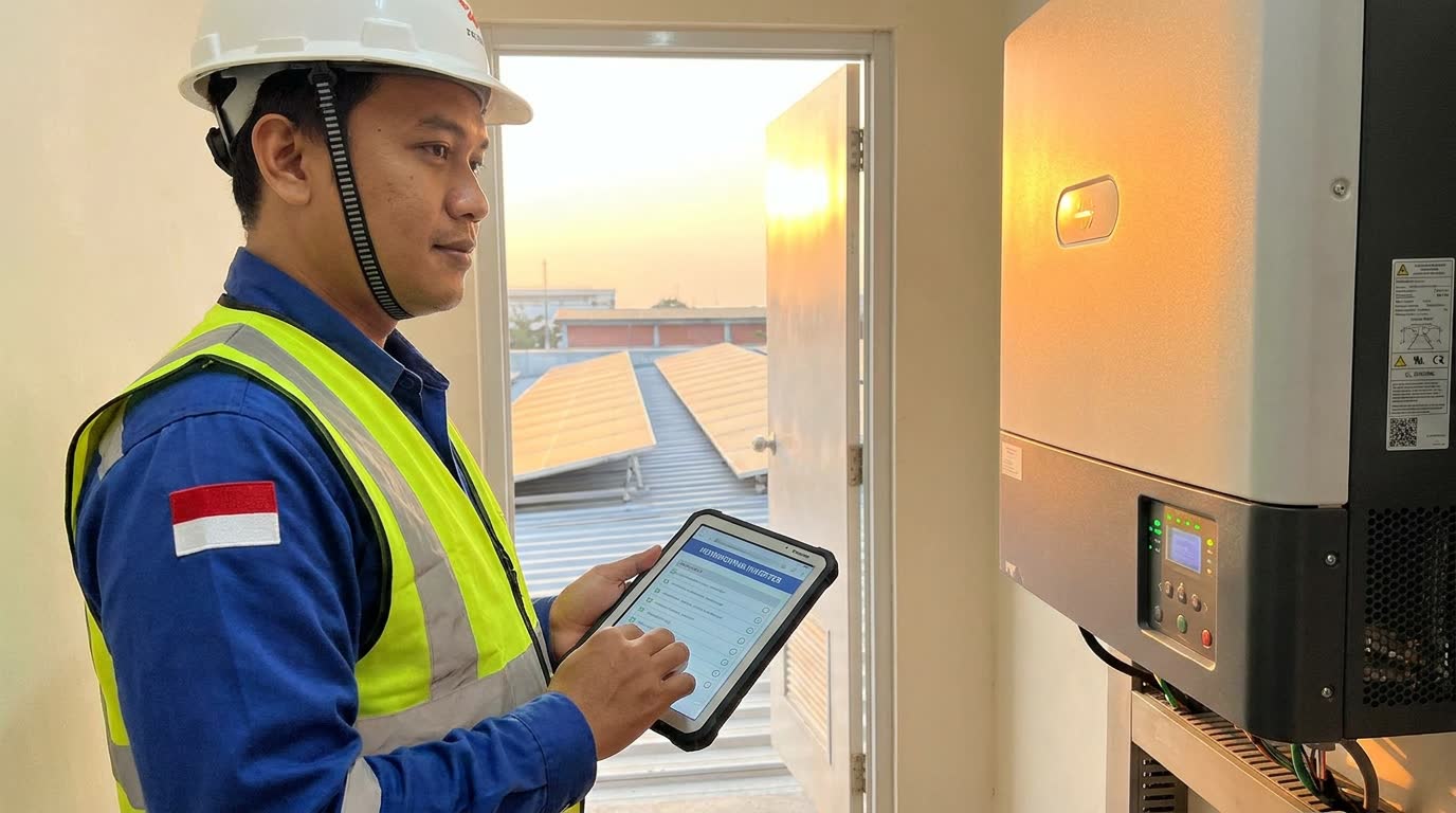 Teknisi melakukan commissioning dan pengukuran pada sistem PLTS yang baru terpasang.